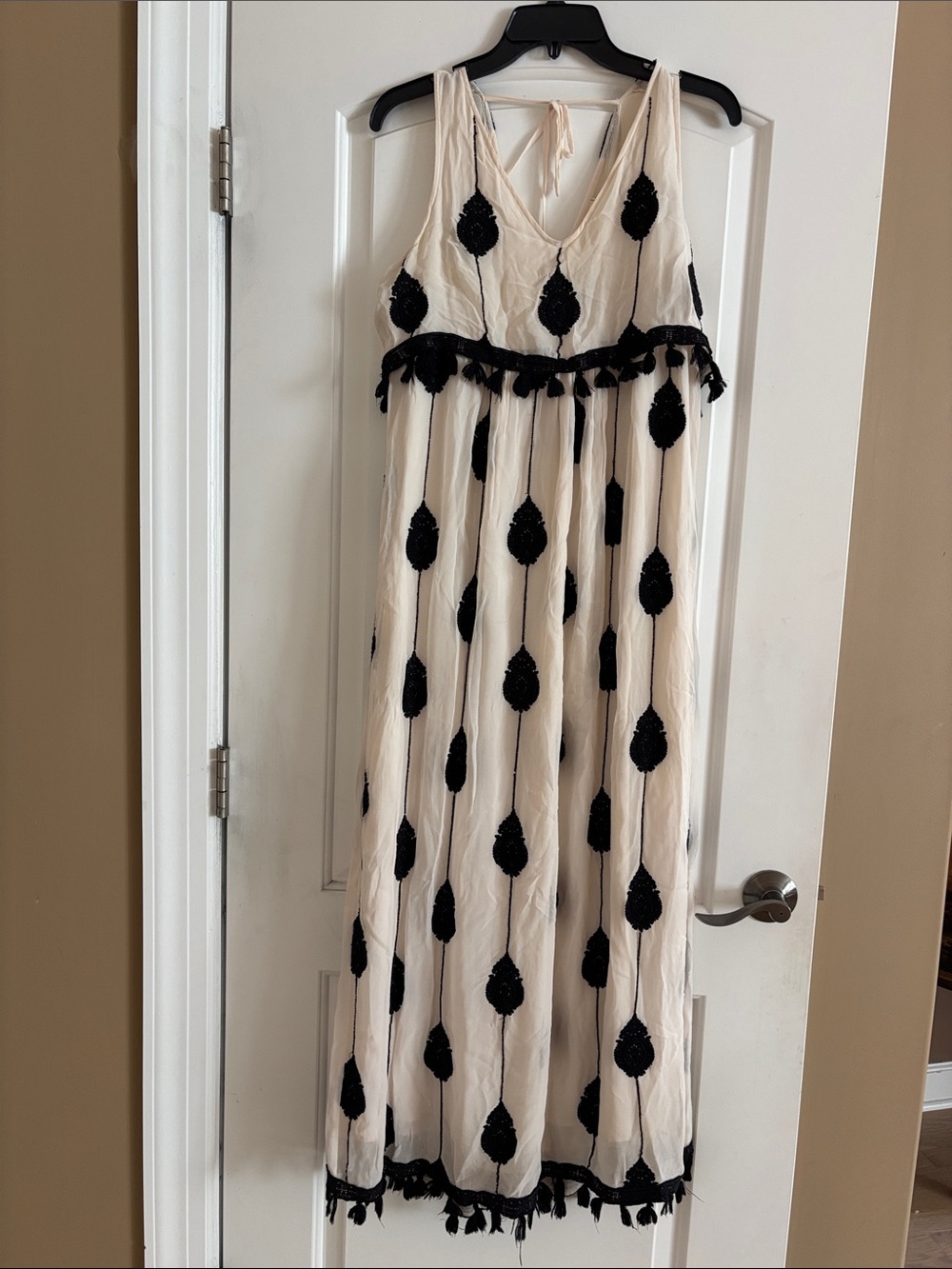 Cream Maxi Dress with Black Tassel Appliqué